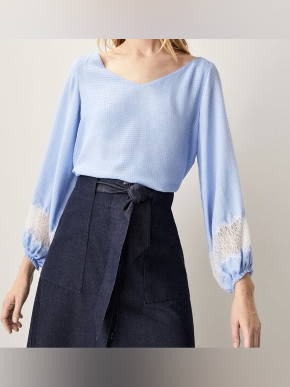 Elegant Light Blue Puff-Sleeve Blouse with Lace Cuffs from Massimo Dutti